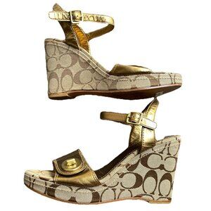 Coach Women’s Size 7 Wedge Sandals Peep For Patent Leather Navy Blue Khaki Cc